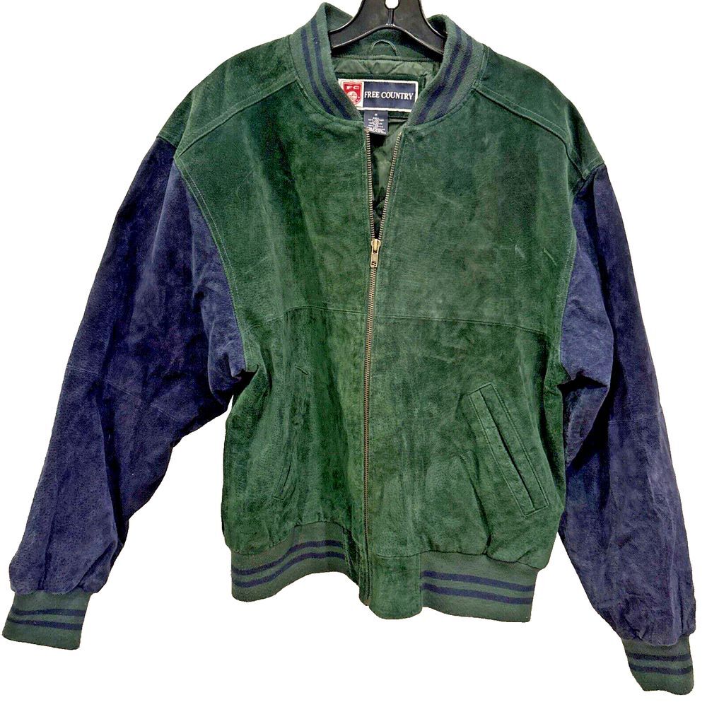 Free Country Suede Leather Bomber Jacket Mens Medium Varsity‎ Letterman Vtg Blue
